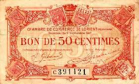Billet de la Chambre de Commerce de Lorient (Morbihan) - 50 centimes - émission du 2 septembre 1919