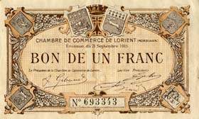 Billet de la Chambre de Commerce de Lorient (Morbihan) - 1 franc - émission du 3 septembre 1915 - sans filigrane - chiffres bleus au verso
