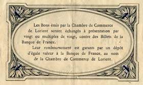 Billet de la Chambre de Commerce de Lorient (Morbihan) - 1 franc - émission du 3 septembre 1915 - sans filigrane - chiffres bleus au verso