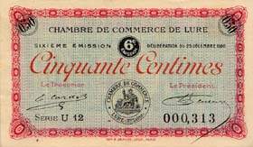Billet de la Chambre de Commerce de Lure - 50 centimes - d�lib�ration du 23 d�cembre 1920