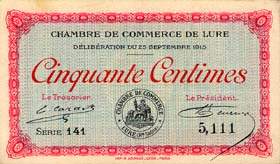 Billet de la Chambre de Commerce de Lure - 50 centimes - d�lib�ration du 25 septembre 1915 - sans filigrane
