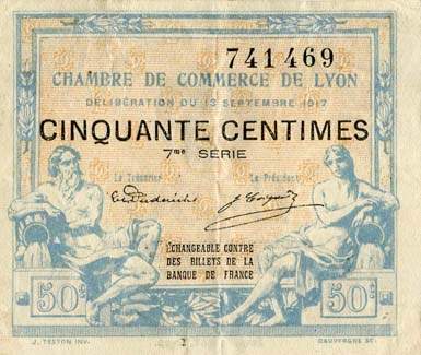 Billet de la Chambre de Commerce de Lyon - 50 centimes - d�lib�ration du 13 septembre 1917 - 7�me s�rie