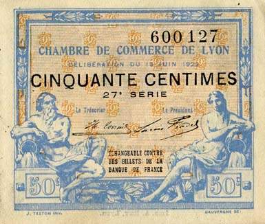 Billet de la Chambre de Commerce de Lyon - 50 centimes - d�lib�ration du 15 juin 1922 - 27�me s�rie