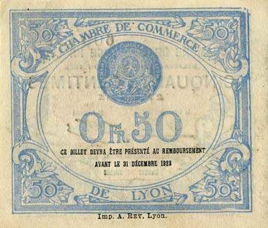 Billet de la Chambre de Commerce de Lyon - 50 centimes - délibération du 15 juin 1922 - 27ème série