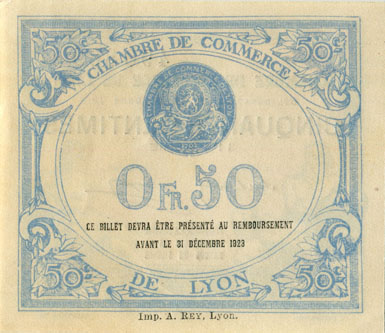 Billet de la Chambre de Commerce de Lyon - 50 centimes - d�lib�ration du 16 octobre 1919 - 11�me s�rie - n� 490869