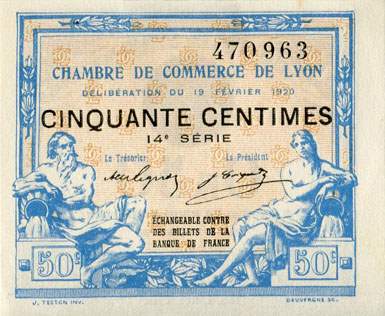 Billet de la Chambre de Commerce de Lyon - 50 centimes - d�lib�ration du 19 f�vrier 1920 - 14�me s�rie