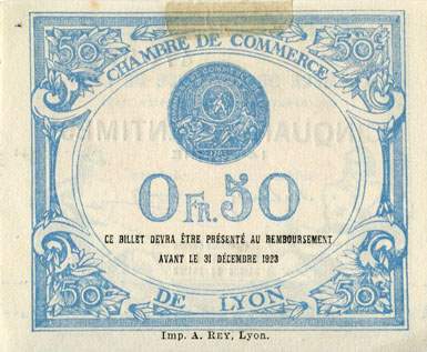 Billet de la Chambre de Commerce de Lyon - 50 centimes - délibération du 19 février 1920 - 14ème série