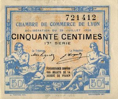 Billet de la Chambre de Commerce de Lyon - 50 centimes - d�lib�ration du 29 juillet 1920 - 17�me s�rie