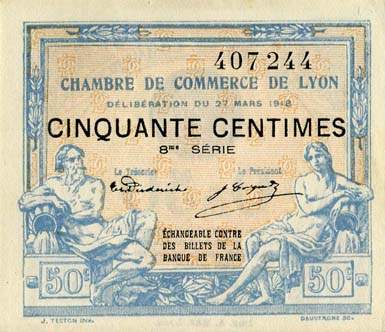 Billet de la Chambre de Commerce de Lyon - 50 centimes - d�lib�ration du 27 mars 1918 - 8�me s�rie