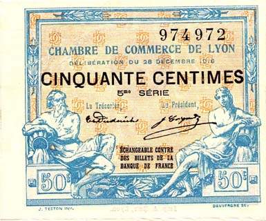 Billet de la Chambre de Commerce de Lyon - 50 centimes - d�lib�ration du 28 d�cembre 1916- 5�me s�rie