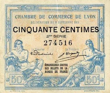 Billet de la Chambre de Commerce de Lyon - 50 centimes - d�lib�ration du 9 septembre 1915 - 2�me s�rie - num�ro 274516