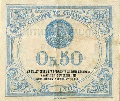 Billet de la Chambre de Commerce de Lyon - 50 centimes - délibération du 9 septembre 1915 - 2ème série - numéro 274516