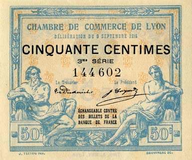 Billet de la Chambre de Commerce de Lyon - 50 centimes - d�lib�ration du 9 septembre 1915 - 3�me s�rie