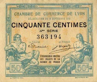 Billet de la Chambre de Commerce de Lyon - 50 centimes - d�lib�ration du 9 septembre 1915 - 4�me s�rie