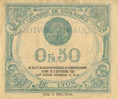 Billet de la Chambre de Commerce de Lyon - 50 centimes - délibération du 9 septembre 1915 - 4ème série