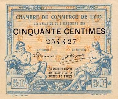 Billet de la Chambre de Commerce de Lyon - 50 centimes - d�lib�ration du 9 septembre 1915