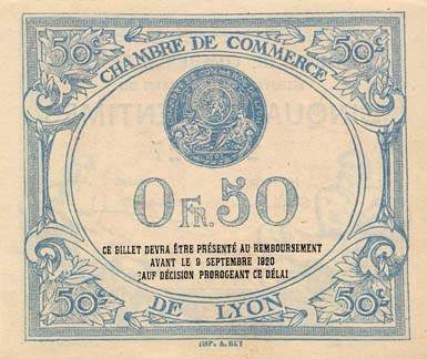 Billet de la Chambre de Commerce de Lyon - 50 centimes - délibération du 9 septembre 1915