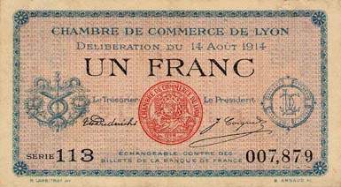 Billet de la Chambre de Commerce de Lyon - 1 franc - d�lib�ration du 14 ao�t 1914 - s�rie 113