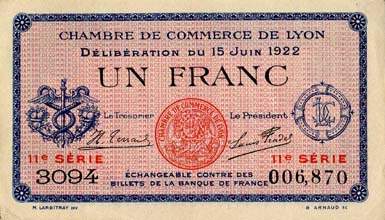 Billet de la Chambre de Commerce de Lyon - 1 franc - d�lib�ration du 15 juin 1922 - 11�me s�rie