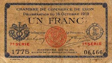 Billet de la Chambre de Commerce de Lyon - 1 franc - d�lib�ration du 16 octobre 1919 - sans filigrane