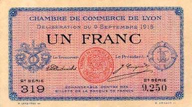 Billet de la Chambre de Commerce de Lyon - 1 franc - d�lib�ration du 9 septembre 1915