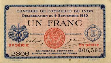 Billet de la Chambre de Commerce de Lyon - 1 franc - d�lib�ration du 9 septembre 1920 - 9�me s�rie