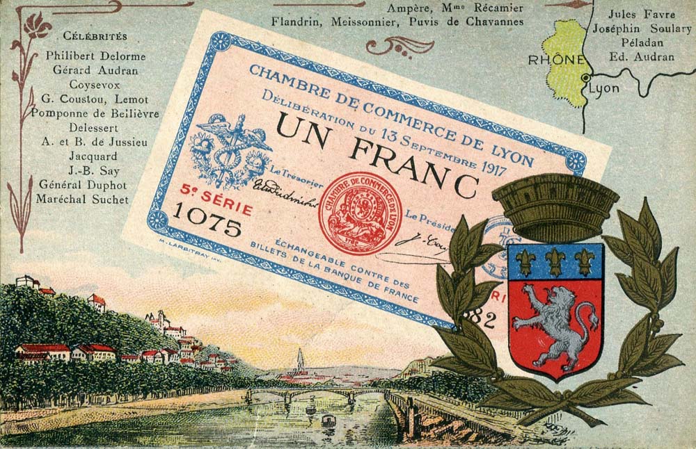 Carte postale repr�sentant un billet de 1 franc - d�lib�ration du 13 septembre 1917 - 5�me s�rie - n� 1075 - de la Chambre de Commerce de Lyon