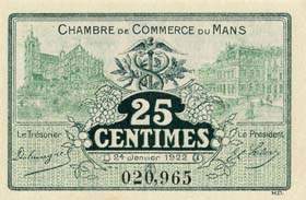 Billet de la Chambre de Commerce du Mans - 25 centimes - 24 janvier 1922