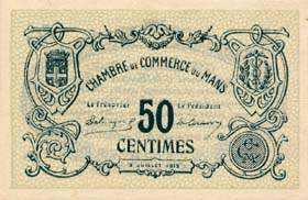 Billet de la Chambre de Commerce du Mans - 50 centimes - 8 juillet 1915 - sp�cimen non num�rot�