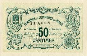 Billet de la Chambre de Commerce du Mans - 50 centimes - 8 juillet 1915 - num�ro avec virgule