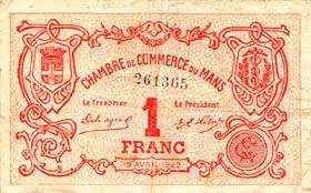 Billet de la Chambre de Commerce du Mans - 1 franc - 15 avril 1920 - 3�me s�rie - num�ro sans virgule