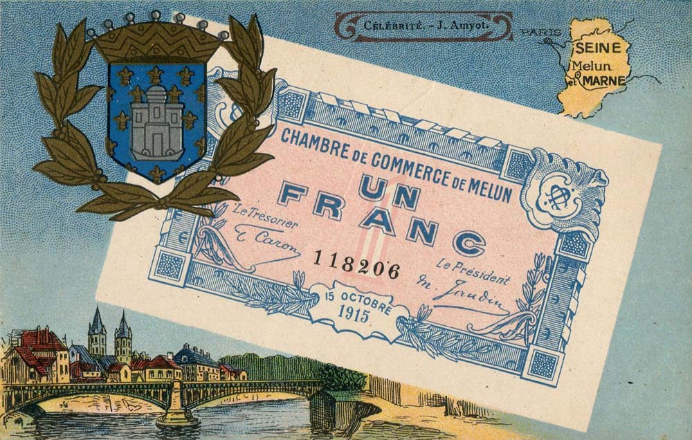 Carte postale repr�sentant un billet de 1 franc du 15 octobre 1915 n� 118206 de la Chambre de Commerce de Melun