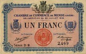 Billet de la Chambre de Commerce de Mende - 1 franc - d�lib�ration du 30 juillet 1918