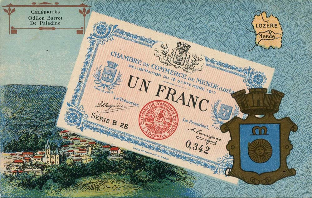 Carte postale repr�sentant un billet de 1 franc - d�lib�ration du 12 septembre 1917 - s�rie B 28 - n� 0,342 - de la Chambre de Commerce de Mende