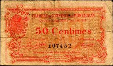Billet de la Chambre de Commerce de Montauban - 50 centimes - d�lib�ration du 20 novembre 1914 - n�107452