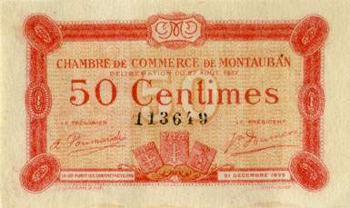 Billet de la Chambre de Commerce de Montauban - 50 centimes - d�lib�ration du 27 ao�t 1917 - n� 113649