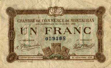 Billet de la Chambre de Commerce de Montauban - 1 franc - d�lib�ration du 15 avril 1921