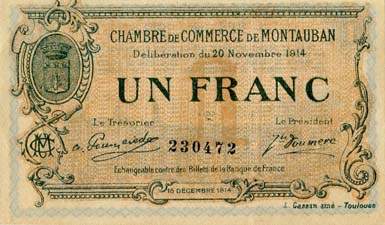 Billet de la Chambre de Commerce de Montauban - 1 franc - d�lib�ration du 20 novembre 1914 - n�230472