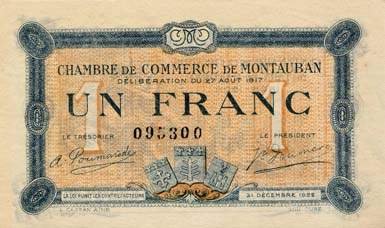 Billet de la Chambre de Commerce de Montauban - 1 franc - d�lib�ration du 27 ao�t 1917