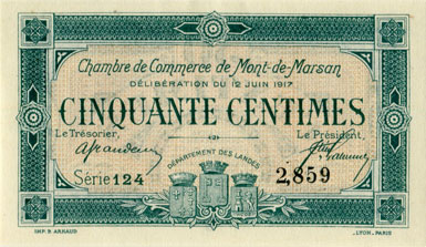 Billet de la Chambre de Commerce de Mont-de-Marsan - 50 centimes - d�lib�ration du 12 juin 1917 - s�rie 124 - n� 2,859