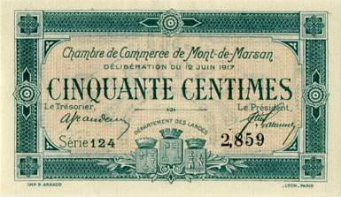 Billet de la Chambre de Commerce de Mont-de-Marsan - 50 centimes - délibération du 12 juin 1917 - série 124 - n° 2,859
