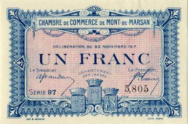 Billet de la Chambre de Commerce de Mont-de-Marsan - 1 franc - délibération du 23 novembre 1917 - série 97 - n° 5,805
