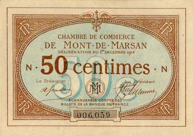 Billet de la Chambre de Commerce de Mont-de-Marsan - 50 centimes - délibération du 1er décembre 1914