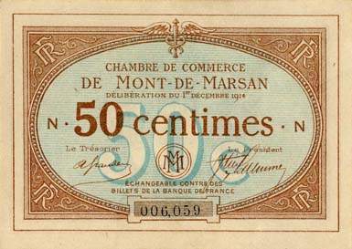 Billet de la Chambre de Commerce de Mont-de-Marsan - 50 centimes - d�lib�ration du 1er d�cembre 1914