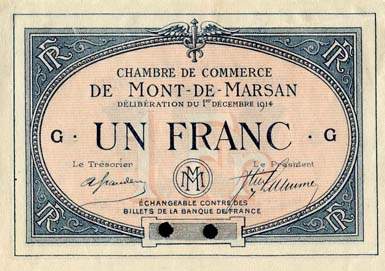 Billet de la Chambre de Commerce de Mont-de-Marsan - 1 franc - délibération du 1er décembre 1914 - série G - spécimen