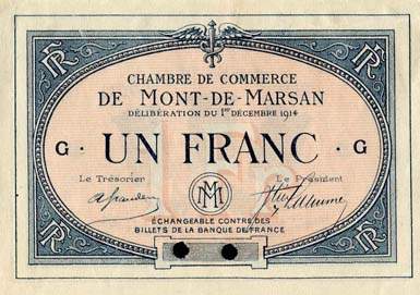 Billet de la Chambre de Commerce de Mont-de-Marsan - 1 franc - d�lib�ration du 1er d�cembre 1914 - s�rie G - sp�cimen