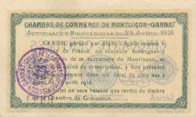 Billet de la Chambre de Commerce de Montlu�on - Gannat - 50 centimes - Autorisation Minist�rielle du 28 avril 1916