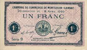 Billet de la Chambre de Commerce de Montlu�on - Gannat - 1 franc - d�lib�ration du 12 avril 1920 - sp�cimen