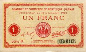 Billet de la Chambre de Commerce de Montlu�on - Gannat - 1 franc - d�lib�ration du 19 d�cembre 1921 - sp�cimen