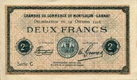 Billet de la Chambre de Commerce de Montlu�on - Gannat - 2 francs - d�lib�ration du 14 octobre 1918 - sp�cimen